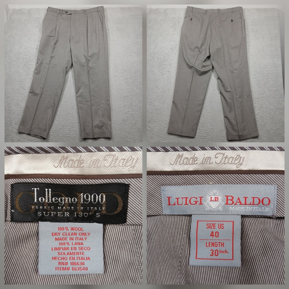Luigi Baldo Italy Dress Pants Men's 40x30 Gray‎ Super 130s Wool Tollegno